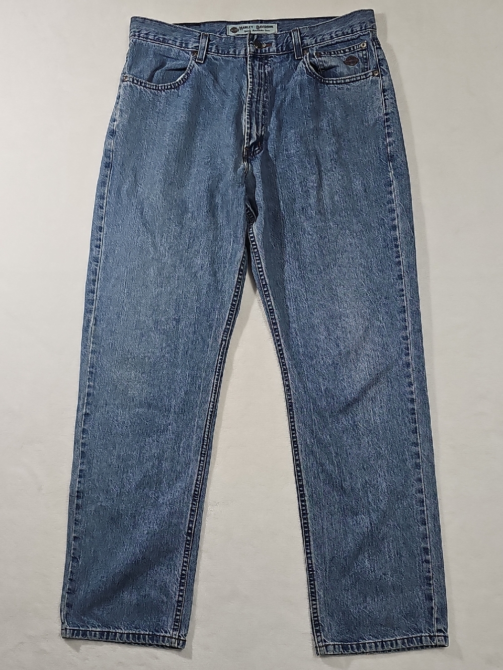 Harley‎ Davidson Mens Blue Denim Straight Leg Biker Jeans 36x32 Medium Wash